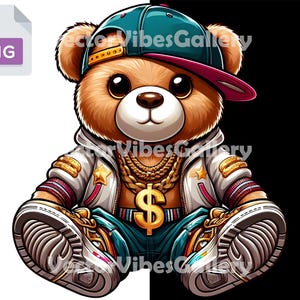 Hip Hop Teddy Bear PNG, Cool Streetwear Rapper Clipart, Bling Gold Chain, Digital Instant Download for Sublimation, T-Shirts, Hoodies