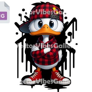 Hiphop eend png, coole cartoon eend in geruit shirt, pet, streetwear eend, stedelijke stijl dieren clipart, sublimatieontwerp voor kinderen en tieners