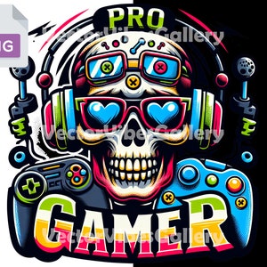 Pro Gamer Colorful Retro Skull Png, Urban Sublimation Design, Gaming Lover Shirt, Games Lovers, DTF, Transparent Background, 300 DPI