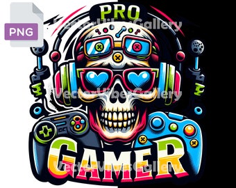 Retro Skull Gamer PNG, Colorful Sublimation Design (Digital Download)