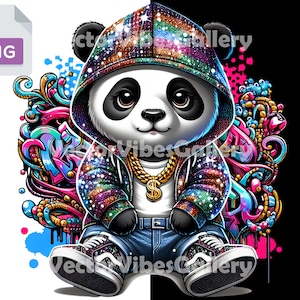 Streetwear Sparkly Cute Panda Png, Retro Urban Sublimation Design, Graffiti Digital Clipart, Vibrant Colors Vector, Transparent Background