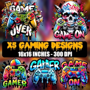 Puede incluir: Cinco ilustraciones digitales coloridas de mandos de videojuegos con superposiciones de texto. Los diseños incluyen "Game Over", "Game On", "Gamer" y "Game On". Las ilustraciones miden 16x16 pulgadas y 300 DPI.