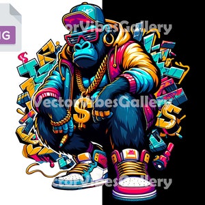 Colorful Graffiti Gorilla Png, Urban Sublimation Design, Vector Hip Hop Animal Poster, Gangster Rap Clipart, DTF, Digital Instant Download