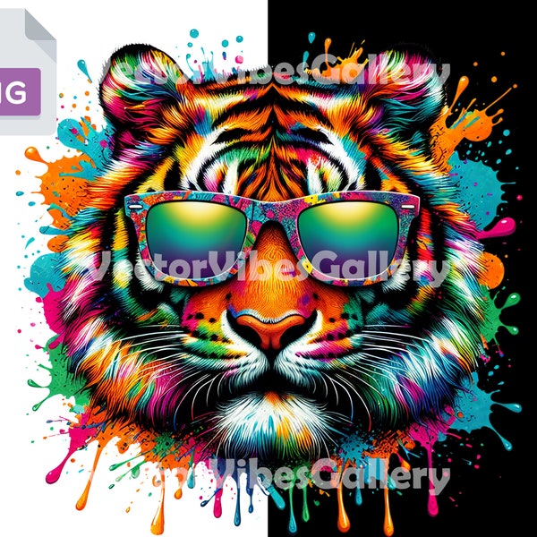 Colorful Tiger with Sunglasses Png, Urban Sublimation Design, Graffiti Clipart, Vector T-shirt with splash of color, Transparent Background
