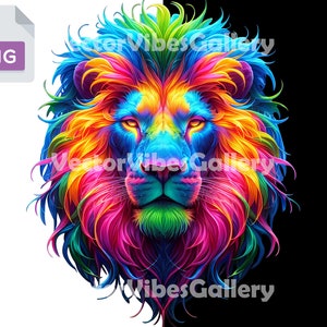 Colorful Neon Lion Png, Urban Graphic Sublimation Design, Aesthetic Animal Clipart, DTF Print, Trendy Sublimate, Digital Instant Download
