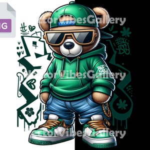 Green Streetwear Teddy Bear Png, Urban Sublimation Design, Graffiti Hip Hop poster, DTF For shirt, Transparent Background, Instant Download