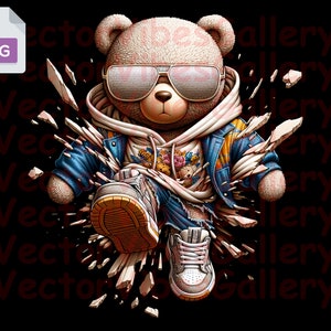 Running Teddy Bear Png, Urban Sublimation Design, Shattered, Streetwear Vector Clipart, Hip Hop Poster, Digital Instant Download