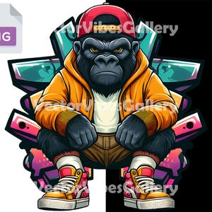 Cool Gorilla Streetwear PNG, Urban Hip Hop Monkey Clipart, Trendy Hip Hop Print Graphic for T-Shirts, Digital Instant Download Design