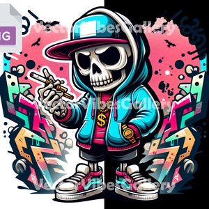 Esqueleto de grafiti urbano (Png), diseño de sublimación de calavera urbana, póster de hip hop, gráficos de rap para camisetas, DTF, DTG, descarga digital instantánea