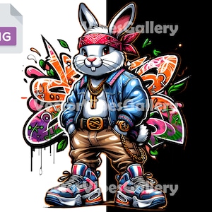 Graffiti Streetwear Bunny png, stedelijk sublimatieontwerp, kleurrijk konijn clipart, dtf-bestand, digitale hiphop vector, transparante achtergrond