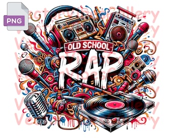 May include: Colorful illustration with the words "OLD SCHOOL RAP" in white. The image features microphones, headphones, boomboxes, and a record player. The design incorporates red, blue, and yellow accents, creating a vibrant and energetic aesthetic.