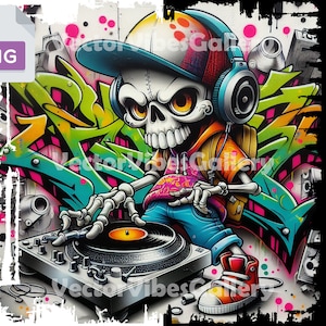 Streetwear Dj Skull Png, Urban Sublimation Design, Rap Graphic Clipart, Graffiti Vector, DTF File, Rap Music Digital Transparent Background