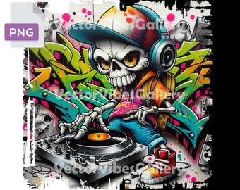 May include: A cartoon skeleton wearing a blue and red baseball cap, headphones, and a blue and orange shirt, is holding a turntable with a record on it. The background is a colorful graffiti wall.