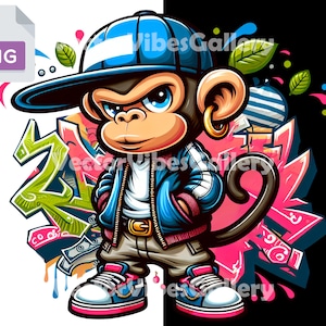 Urban Cartoon Affe Png, Streetwear Sublimationsdesign, lustiges Tier Shirt, bunte Graffiti Clipart, DTF Datei, digitaler Sofort Download