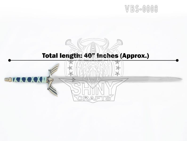 May include: A silver-colored sword with a decorative hilt and a blade. The hilt is wrapped in blue and white material. The total length is approximately 40 inches. The text "SHINY CRAFTS" is visible.