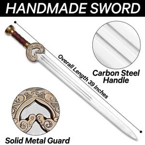May include: Handmade sword with a carbon steel handle and solid metal guard. The overall length is 39 inches. The handle is brown and gold, and the guard has an ornate design. The blade is silver.