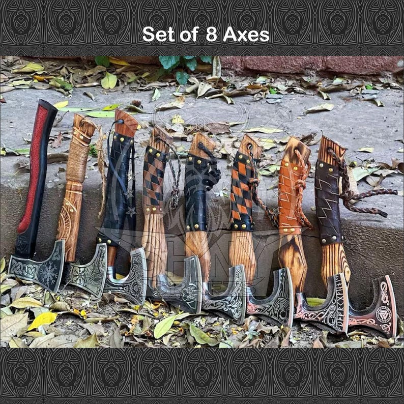 May include: Set of eight axes with wooden handles and intricate metal heads. The axes have different designs and patterns on the heads, including a checkered pattern, a leather wrap, and a design with a knot.