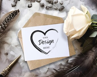 Greeting Card  with Envelope Mockup  | White Invitation & Stationary Mockup | 5x7 Landscape Card Mockup | Boho  Flatlay Mockup Bundle