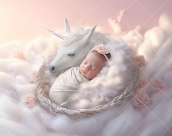Unicorn Baby Basket Newborn Digital Backdrop: Girl Digital Background for Newborn Composites, Girl Baby Gift
