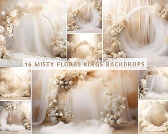 16 Misty Floral Rings Backgrounds, Maternity and Wedding Overlays, Studio Backdrops, Sheer Curtain Rings, Floral Rings Background Bundle