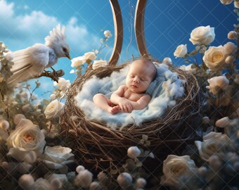 Floral Bird Nest Newborn Digital Backdrop: Digital Background for Newborn Composites, Girl or Boy Baby Gift