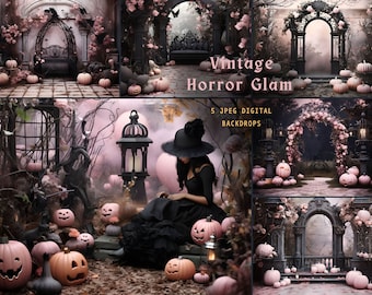 5 Halloween Digital Backdrops for Photography: Pumpkin path, Enchanted Arch, Door, Vintage Witch's Cottage, Digital Backdrops Bundle, JPEG