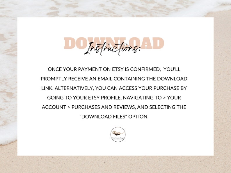 May include: A white card with the text "Download Instructions" in pink letters. The text below explains how to download digital files after purchasing on Etsy.