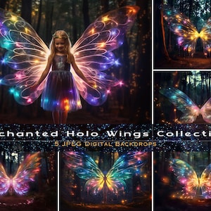Pode incluir: Cinco fundos digitais com asas de borboleta iridescentes com luzes brilhantes em um ambiente de floresta escura. As asas são holográficas e têm um esquema de cores arco-íris.