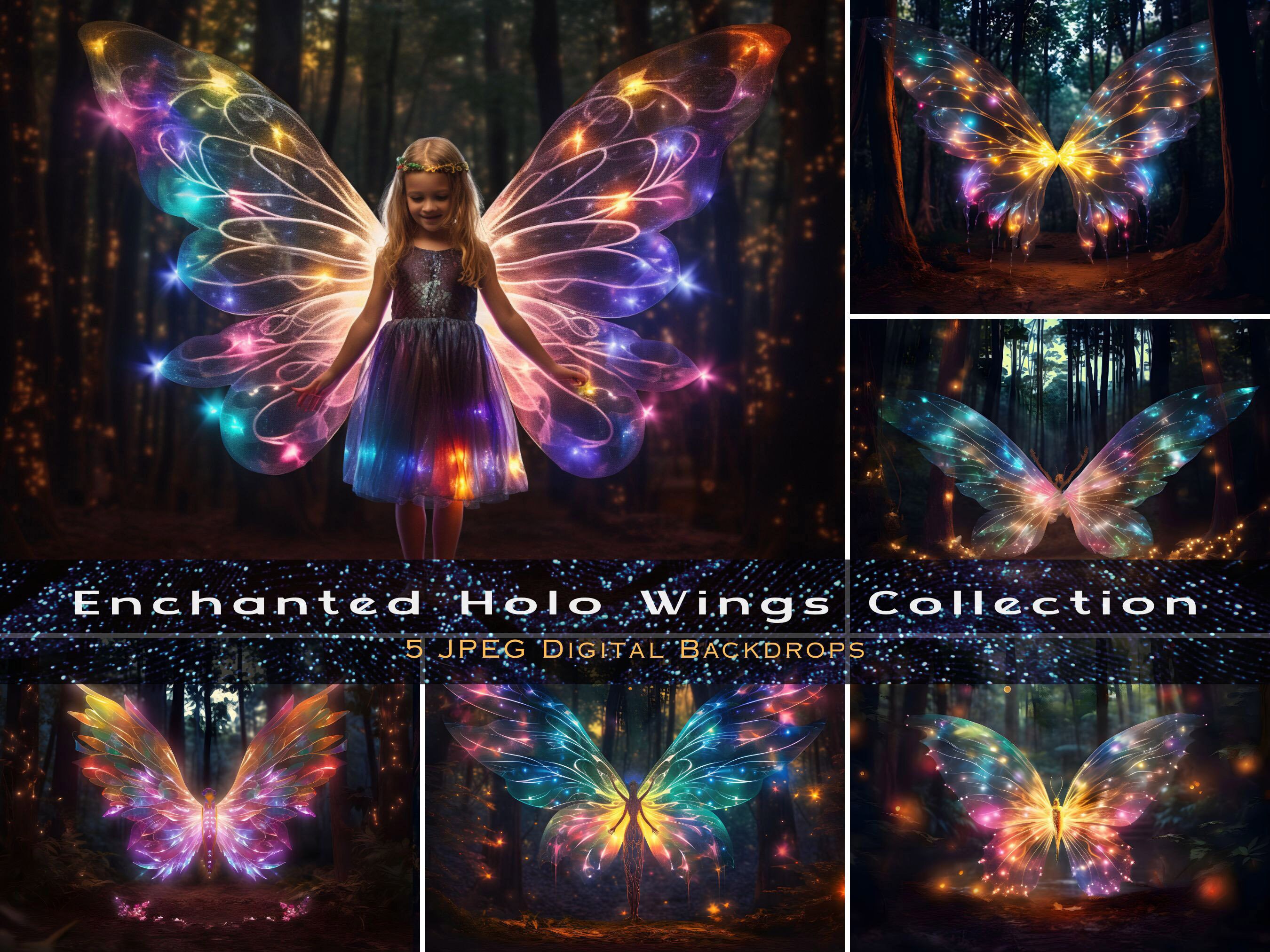 Enchanted Fairy Wings Digital Backdrops, Rainbow Wings  Digital Background, Enchanted Forest photo, Photoshop Overlay composite photography