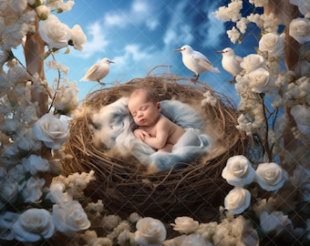 Newborn Digital Backdrop: Composite Photography, Baby Girl or Boy, White Roses & Bird's Nest Imagery, Floral Nest Photography