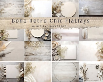 Boho Flatlay Mockup Bundle: 50 Blank Backdrops, Bohemian Blank Flatlay Bundle, Digital Overlays for Custom Product Display, 50 JPEG Files