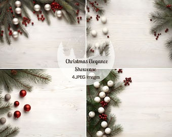 Styled Winter Christmas Flat Lay Mockup: Background Photography, Holiday Digital Backdrops, Add Your Product Digital Backdrop, 4 JPG Bundle