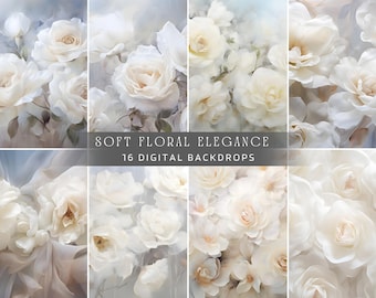 16 Fine Art White Floral Backdrops, Maternity and Wedding Overlays, Studio Backdrops, Oil Painting Roses Studio Photography, Neutral Colors