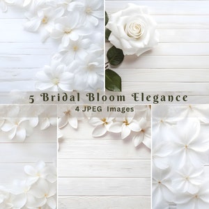 Puede incluir: Cuatro imágenes de flores blancas sobre un fondo de madera blanca. Las imágenes están dispuestas en una cuadrícula. El texto "5 Bridal Bloom Elegance" y "4 JPEG Images" es visible en el centro de la imagen.
