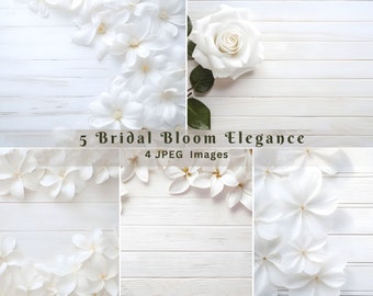 May include: Four images of white flowers on a white wood background. The images are arranged in a grid pattern. The text "5 Bridal Bloom Elegance" and "4 JPEG Images" is visible in the center of the image.