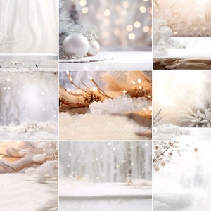 May include: A collage of nine images featuring various winter scenes with white and gold accents. Each image features a white surface, perfect for showcasing products. The scenes include a snowy forest, a white fluffy background, a white surface with a white and gold ornament, a white surface with a white and gold branch, a white surface with a white and gold feather, a white surface with a white and gold snowflake, a white surface with a white and gold star, a white surface with a white and gold branch, and a white surface with a white and gold feather.