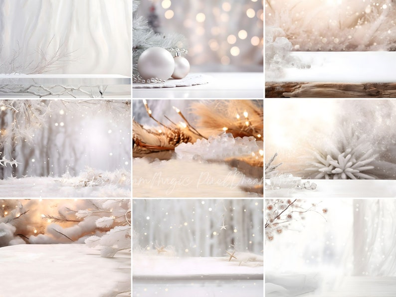 May include: A collage of nine images featuring various winter scenes with white and gold accents. Each image features a white surface, perfect for showcasing products. The scenes include a snowy forest, a white fluffy background, a white surface with a white and gold ornament, a white surface with a white and gold branch, a white surface with a white and gold feather, a white surface with a white and gold snowflake, a white surface with a white and gold star, a white surface with a white and gold branch, and a white surface with a white and gold feather.