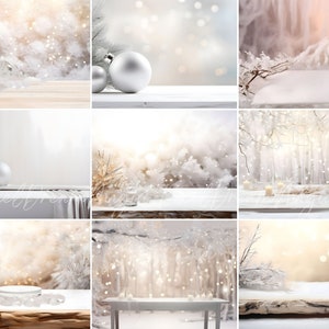 May include: A collection of six winter-themed digital backdrops featuring a white wooden table with various props, including silver ornaments, candles, and a white table setting. The backdrops are perfect for creating festive holiday product photos.