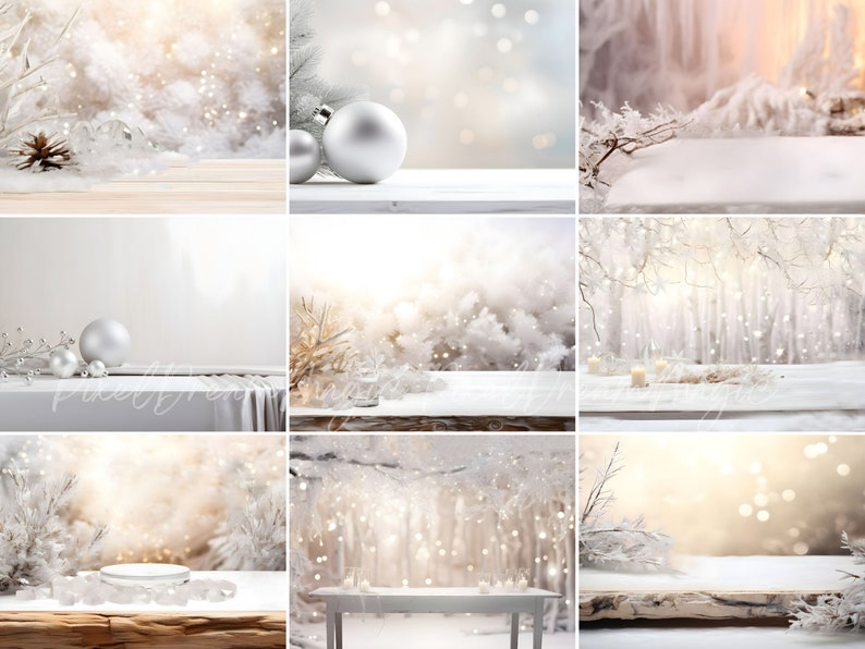 May include: A collection of six winter-themed digital backdrops featuring a white wooden table with various props, including silver ornaments, candles, and a white table setting. The backdrops are perfect for creating festive holiday product photos.