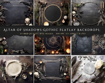 Gothic Flatlay Backdrops Bundle, 33 Gothic Flatlay Blank Backdrops, Vintage Digital Background, Add Your Products, Free Bonus Included