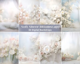 33 Sheer Bloomscape Digital Backdrops, Maternity and Wedding Floral Overlays, Studio Backdrops, Neutral Backgrounds