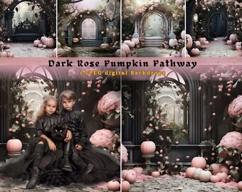 5 Dark Rose Pumpkin Pathway Digital Backdrops: Pumpkin path, Enchanted Arch, Door, Vintage Witch's Cottage, Digital Backdrops Bundle, JPEG