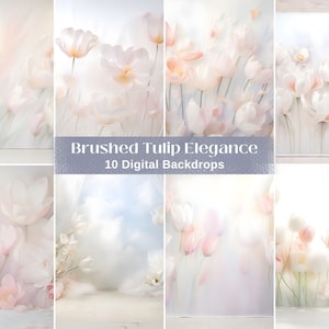 10 cenários digitais florais neutros elegantes para sobreposições de maternidade e casamento, fundos de estúdio de belas artes com imagens de tulipas pintadas