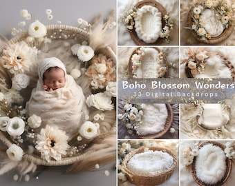 33 Boho Floral Newborn Baskets: Studio Photography Backdrops, Baby Beds Digital Backgrounds | Newborn Photoshoot & Decor | Girl Baby Gift