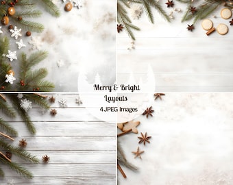Styled Winter Christmas Flat Lay Mockup: Background Photography, Festive Digital Backdrops, Add Your Product Digital Backdrop, 4 JPG Bundle
