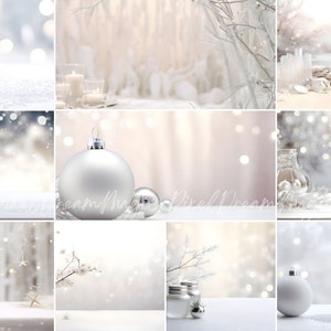 May include: A collection of ten digital backgrounds featuring a winter wonderland theme with white and silver ornaments, candles, and branches. The backgrounds are perfect for creating holiday-themed designs.