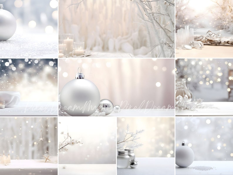 May include: A collection of ten digital backgrounds featuring a winter wonderland theme with white and silver ornaments, candles, and branches. The backgrounds are perfect for creating holiday-themed designs.