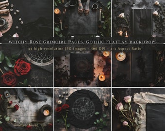 Gothic Flatlay Backdrops Bundle, 33 Witchy Rose Pages Stock Images, Dark Floral Digital Background, Add Your Products, Free Bonus Included