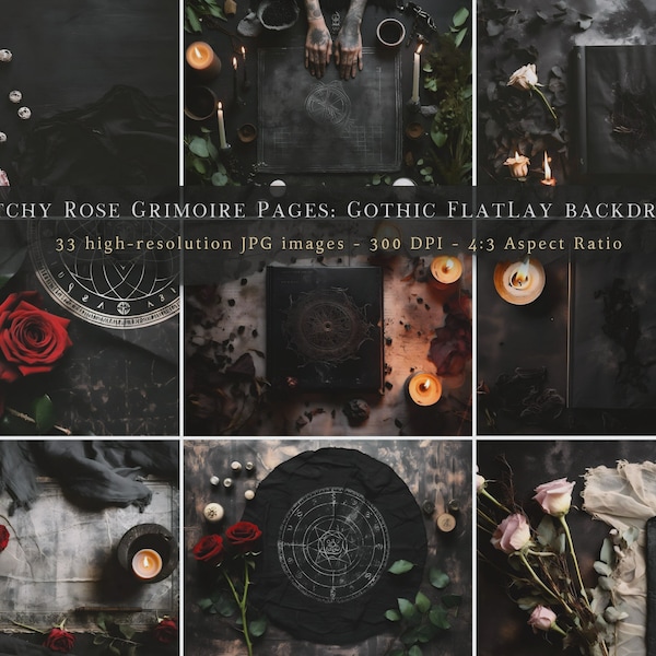 Gothic Flatlay Backdrops Bundle, 33 Witchy Rose Pages Stock Images, Dark Floral Digital Background, Add Your Products, Free Bonus Included