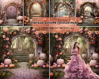 5 Vintage Autumn Enchantment Digital Backdrops for Photography: Pumpkin path, Enchanted Arch, Door, Vintage Fall Digital Backdrops Bundle